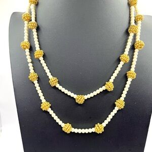 Vintage Anne Klein AK Gold Wire Bauble Faux Pearl Matinee Necklace  Lion Logo